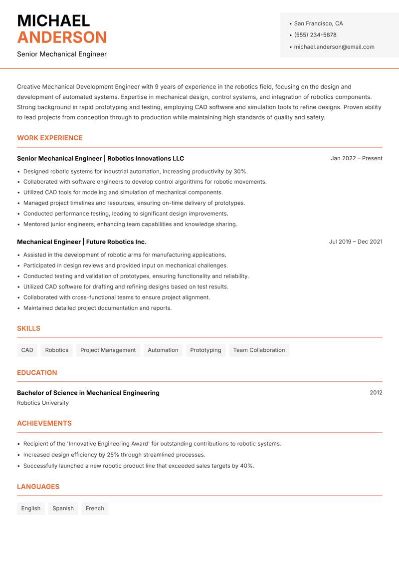 Mechanical Development Engineer resume sample — Senior Mechanical Engineer focus