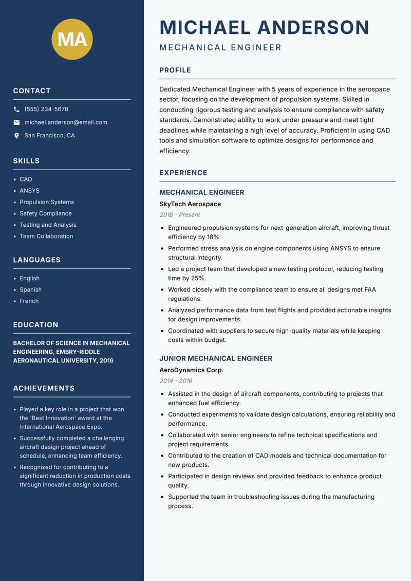 Mechanical Engineer resume sample — Mechanical Engineer focus