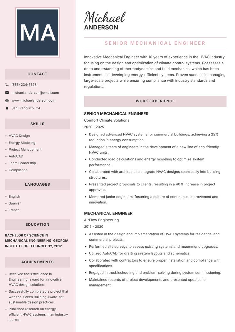Mechanical Engineer resume sample — Senior Mechanical Engineer focus
