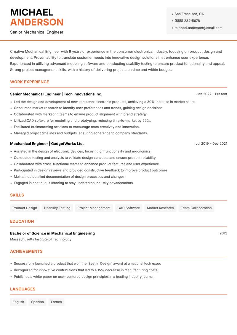 Mechanical Engineer resume sample — Senior Mechanical Engineer focus