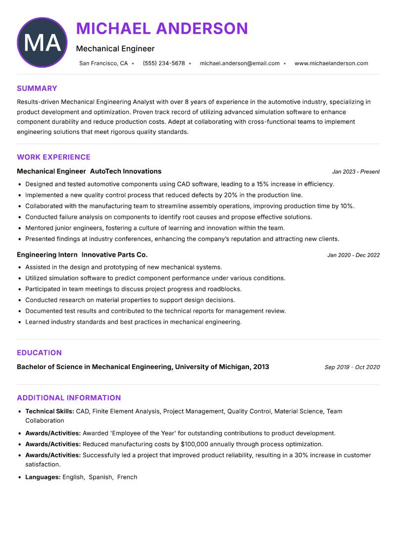 Mechanical Engineering Analyst resume example