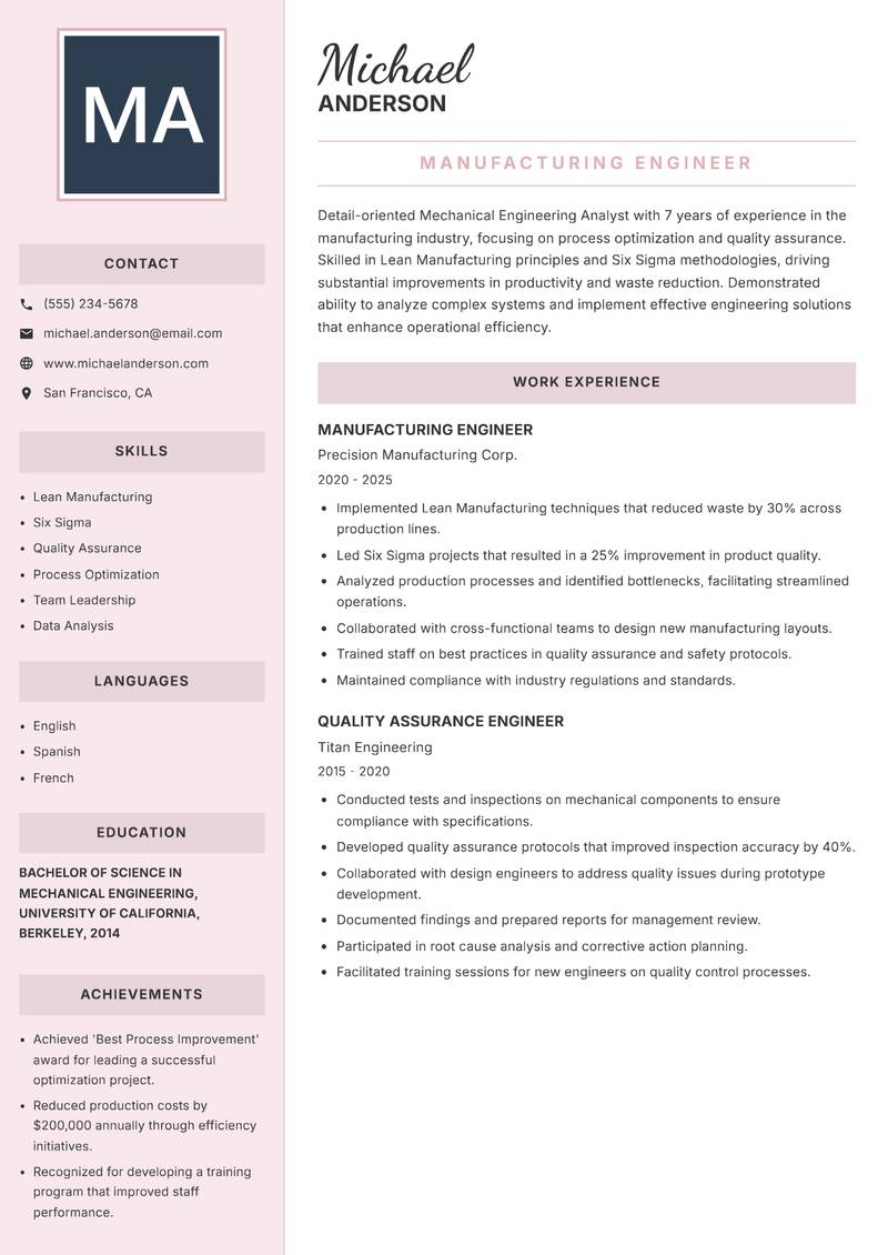 Mechanical Engineering Analyst resume sample — Manufacturing Engineer focus
