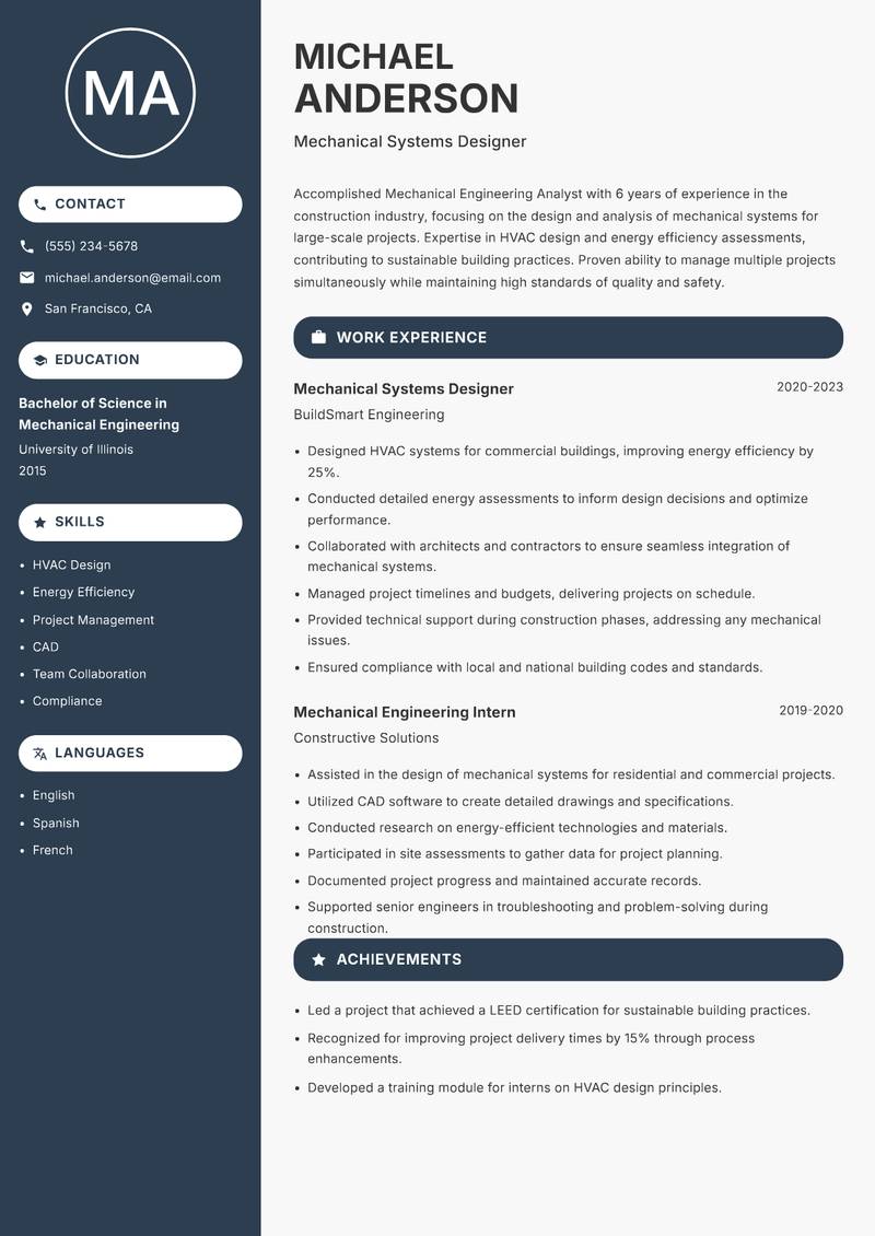Mechanical Engineering Analyst resume sample — Mechanical Systems Designer focus
