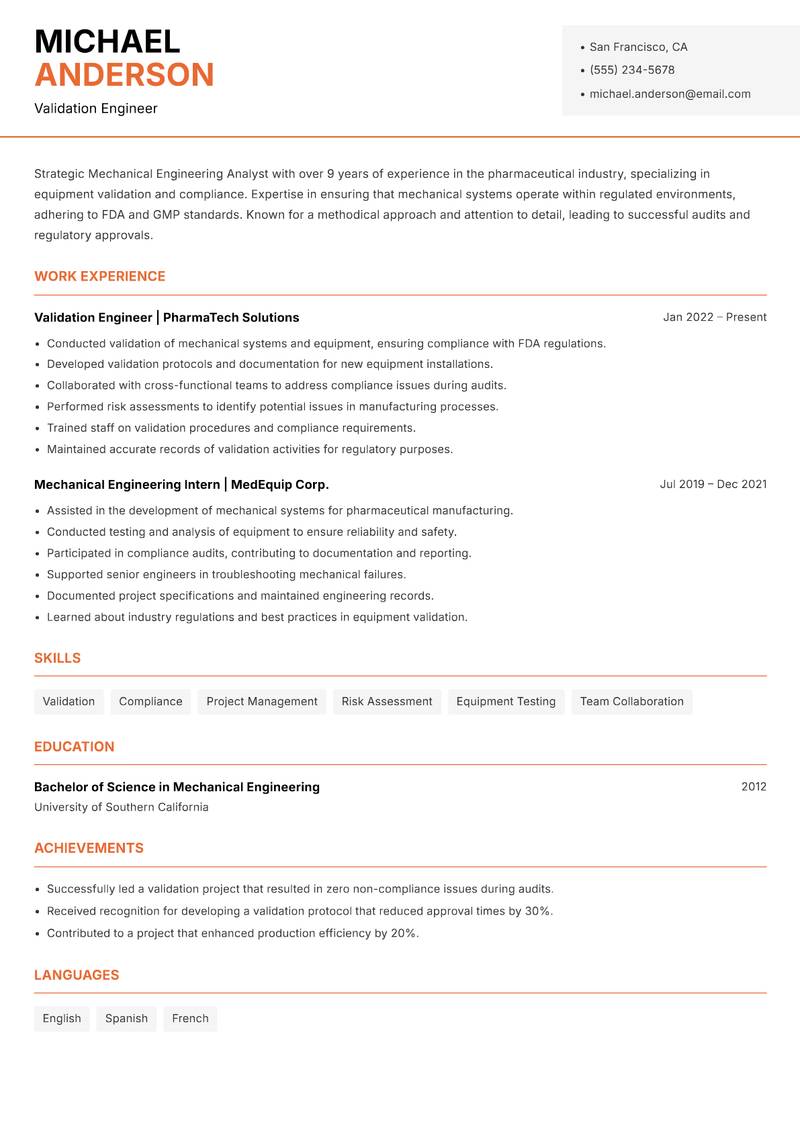 Mechanical Engineering Analyst resume sample — Validation Engineer focus