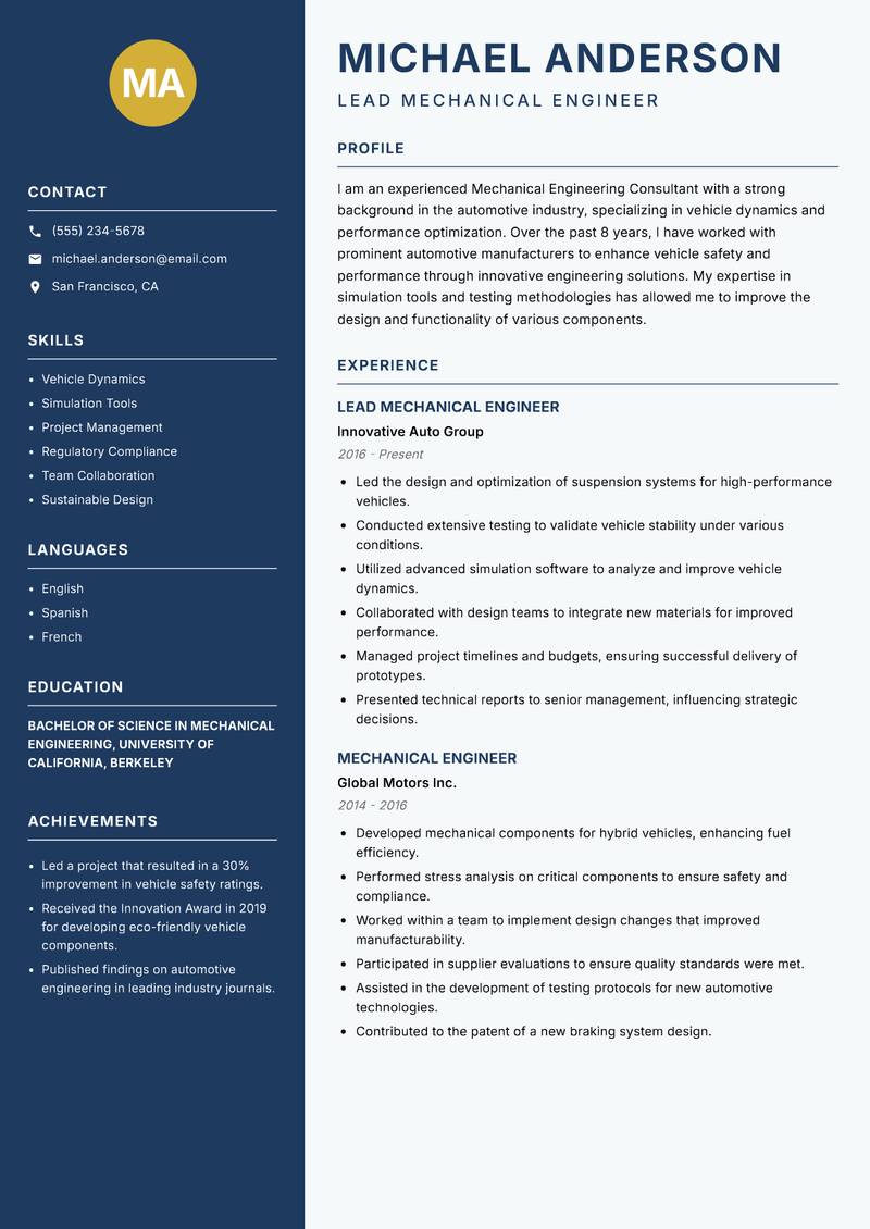 Mechanical Engineering Consultant resume sample — Lead Mechanical Engineer focus