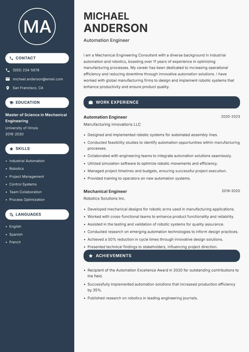 Mechanical Engineering Consultant resume sample — Automation Engineer focus