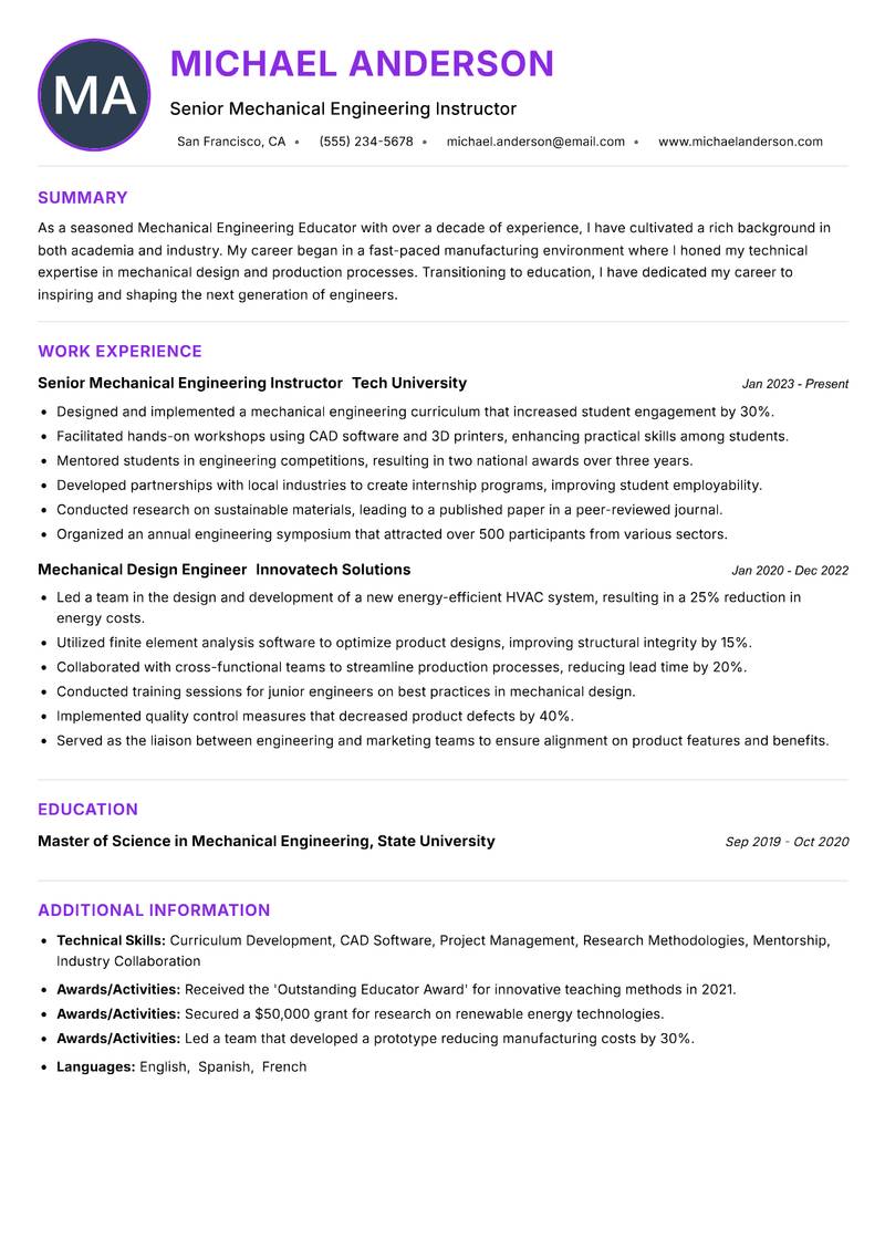Mechanical Engineering Educator resume example