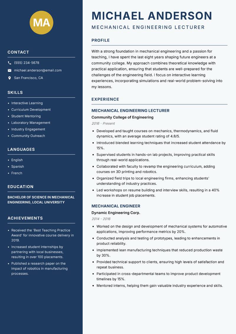 Mechanical Engineering Educator resume sample — Mechanical Engineering Lecturer focus