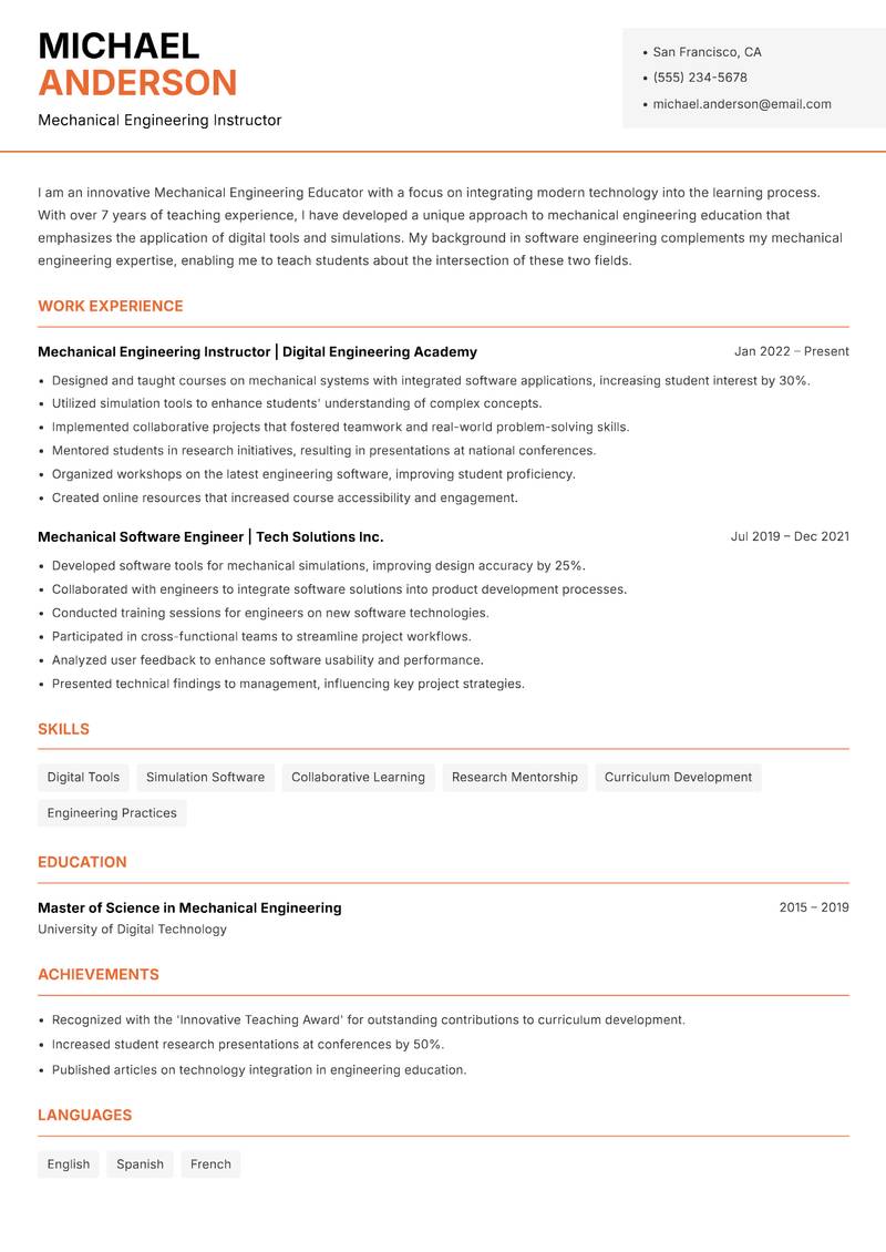 Mechanical Engineering Educator resume sample — Mechanical Engineering Instructor focus