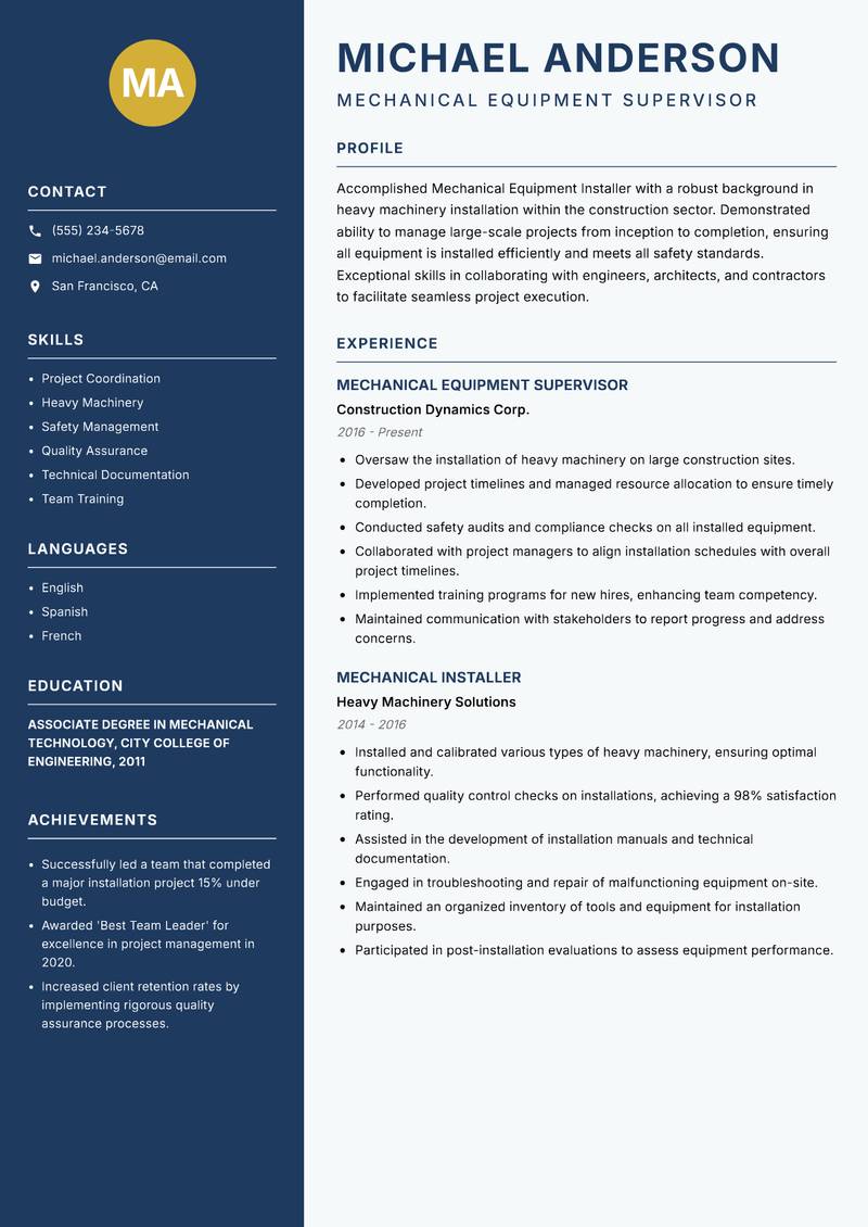 Mechanical Equipment Installer resume sample — Mechanical Equipment Supervisor focus