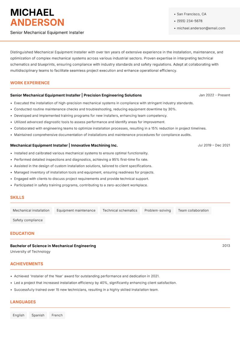 Mechanical Equipment Installer resume sample — Senior Mechanical Equipment Installer focus