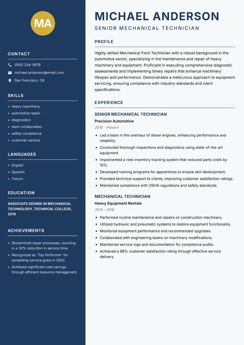 Mechanical Field Technician resume sample — Senior Mechanical Technician focus