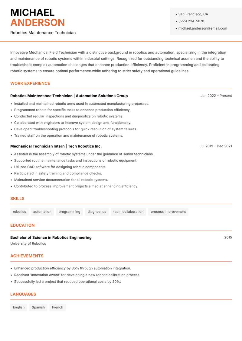 Mechanical Field Technician resume sample — Robotics Maintenance Technician focus
