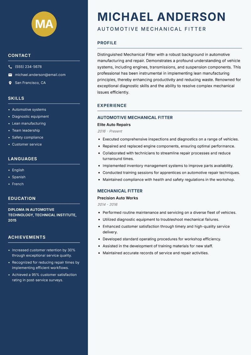 Mechanical Fitter resume sample — Automotive Mechanical Fitter focus