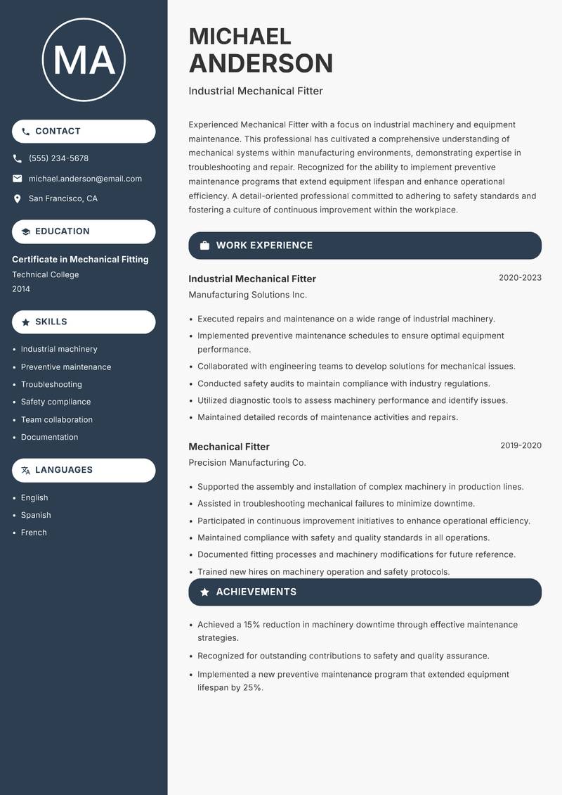 Mechanical Fitter resume sample — Industrial Mechanical Fitter focus