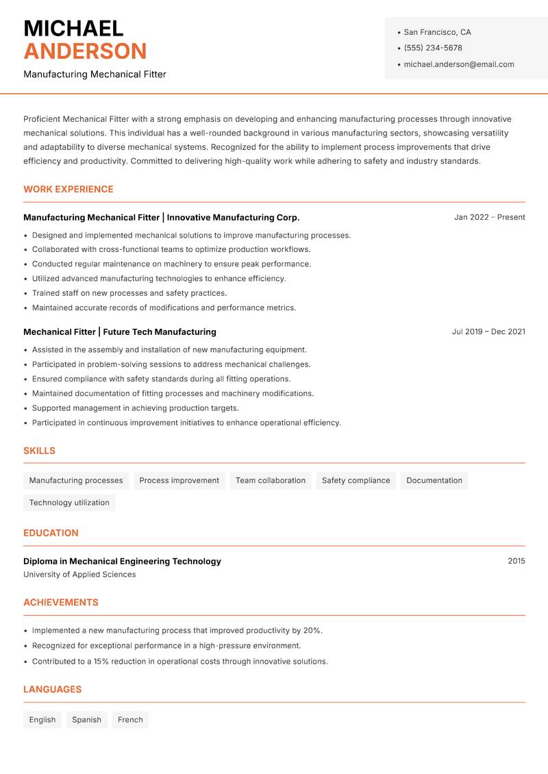 Mechanical Fitter resume sample — Manufacturing Mechanical Fitter focus