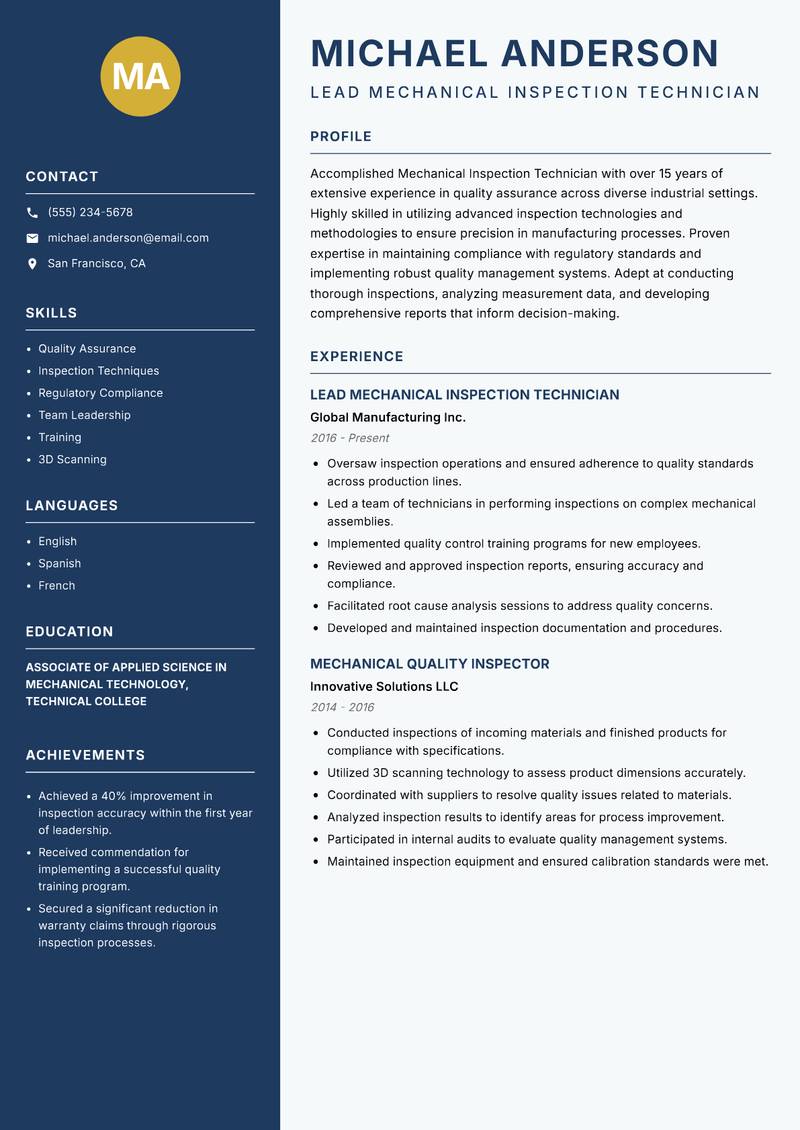 Mechanical Inspection Technician resume sample — Lead Mechanical Inspection Technician focus