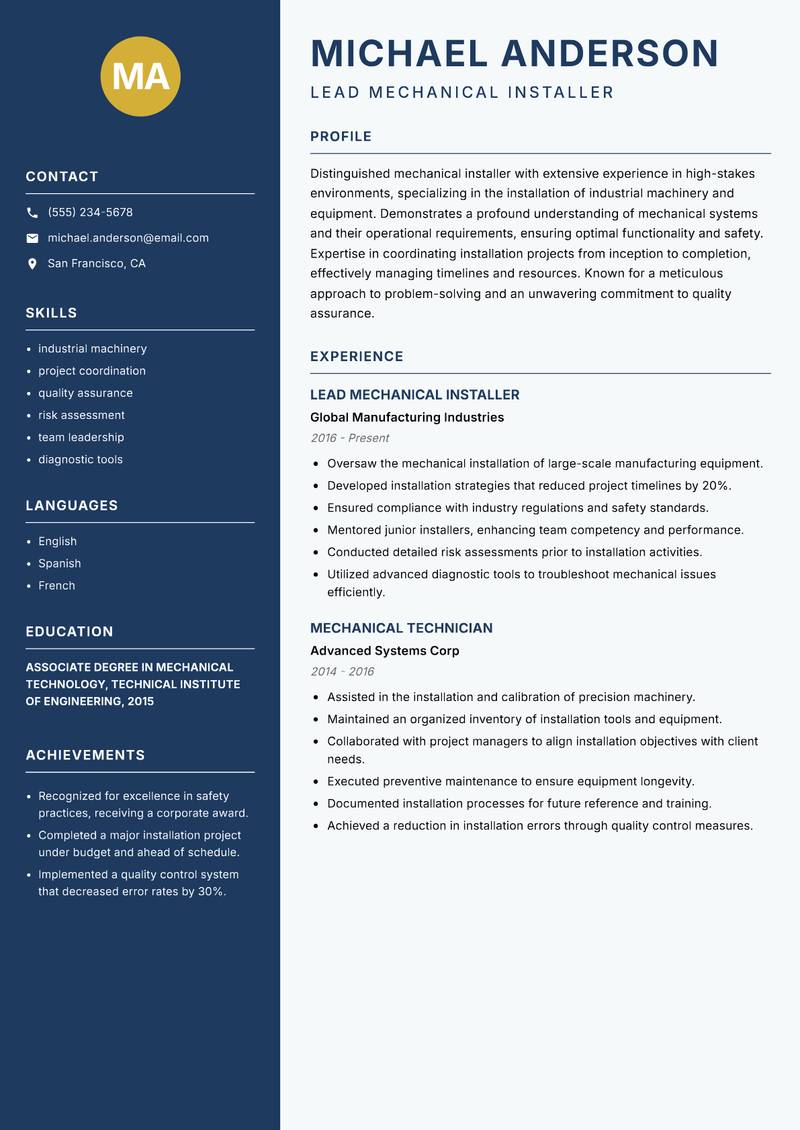 Mechanical Installer resume sample — Lead Mechanical Installer focus