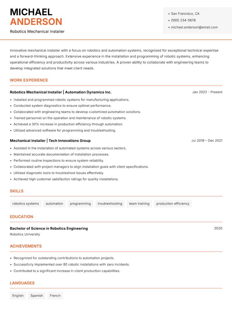 Mechanical Installer resume sample — Robotics Mechanical Installer focus