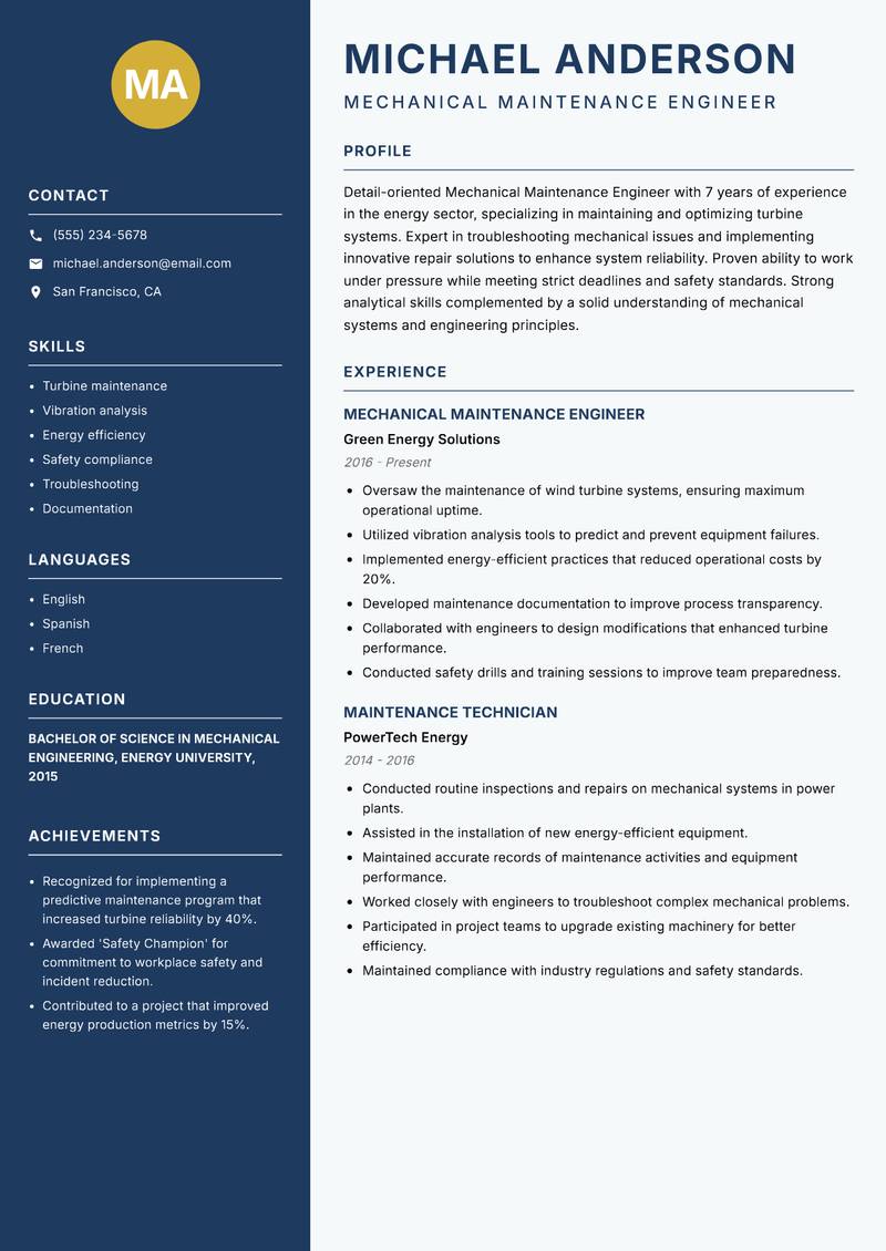 Mechanical Maintenance Engineer resume sample — Mechanical Maintenance Engineer focus