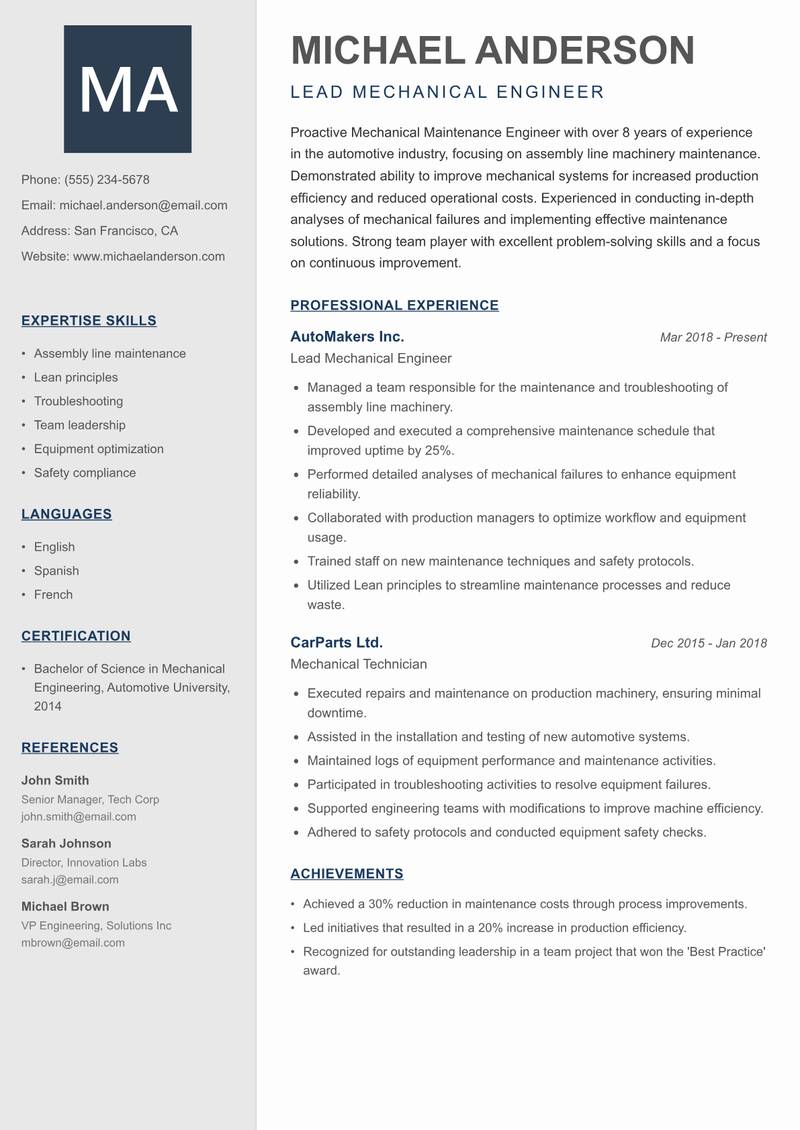 Mechanical Maintenance Engineer resume sample — Lead Mechanical Engineer focus