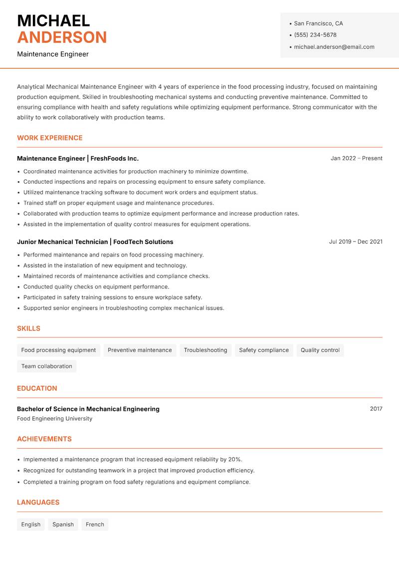 Mechanical Maintenance Engineer resume sample — Maintenance Engineer focus
