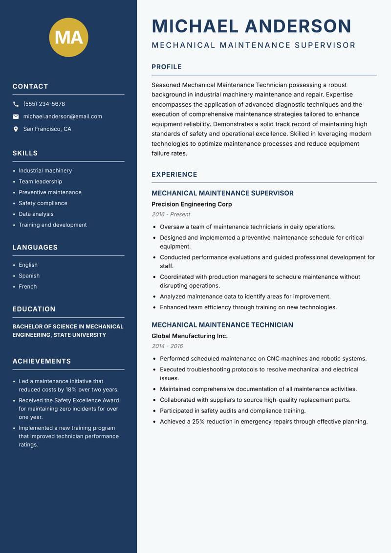 Mechanical Maintenance Technician resume sample — Mechanical Maintenance Supervisor focus