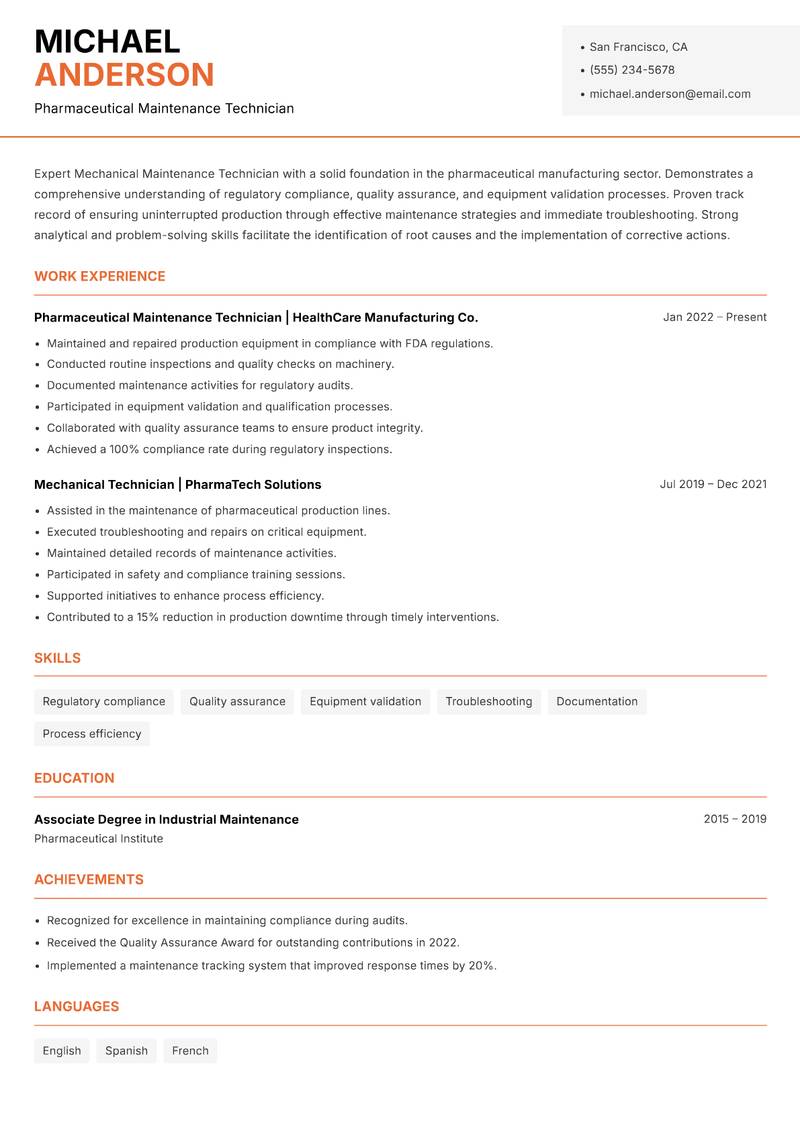 Mechanical Maintenance Technician resume sample — Pharmaceutical Maintenance Technician focus