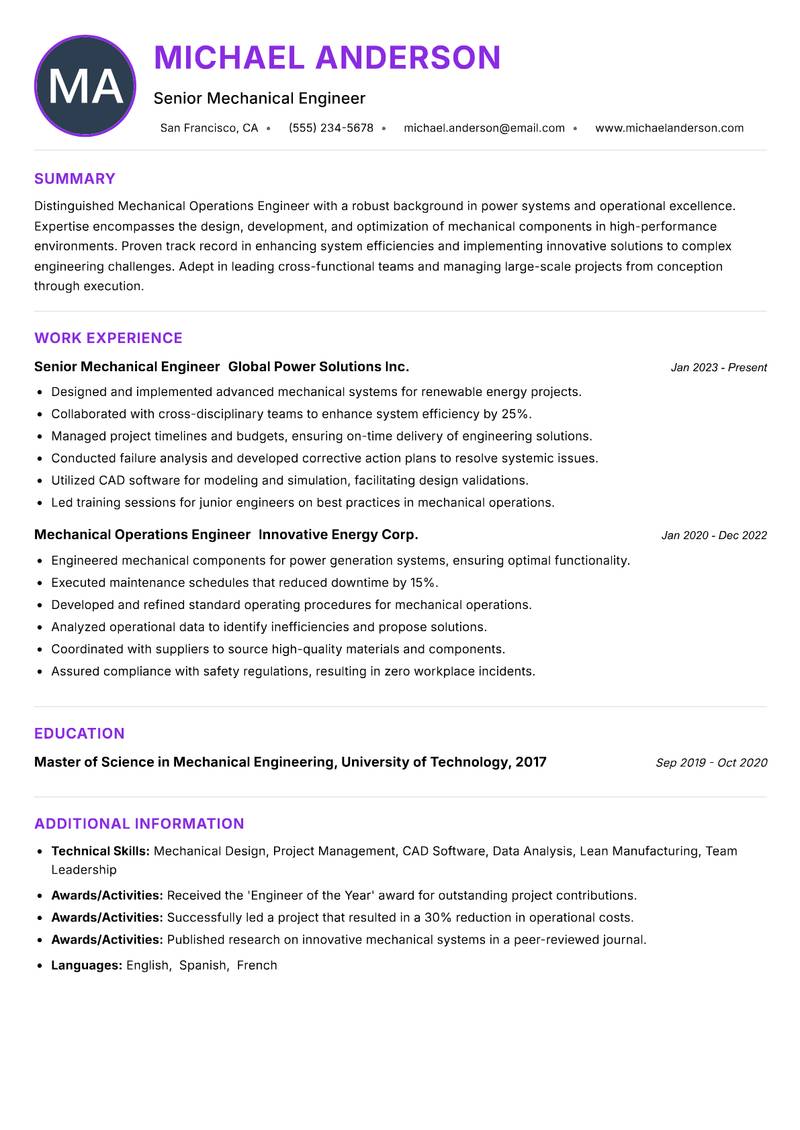 Mechanical Operations Engineer Power resume example
