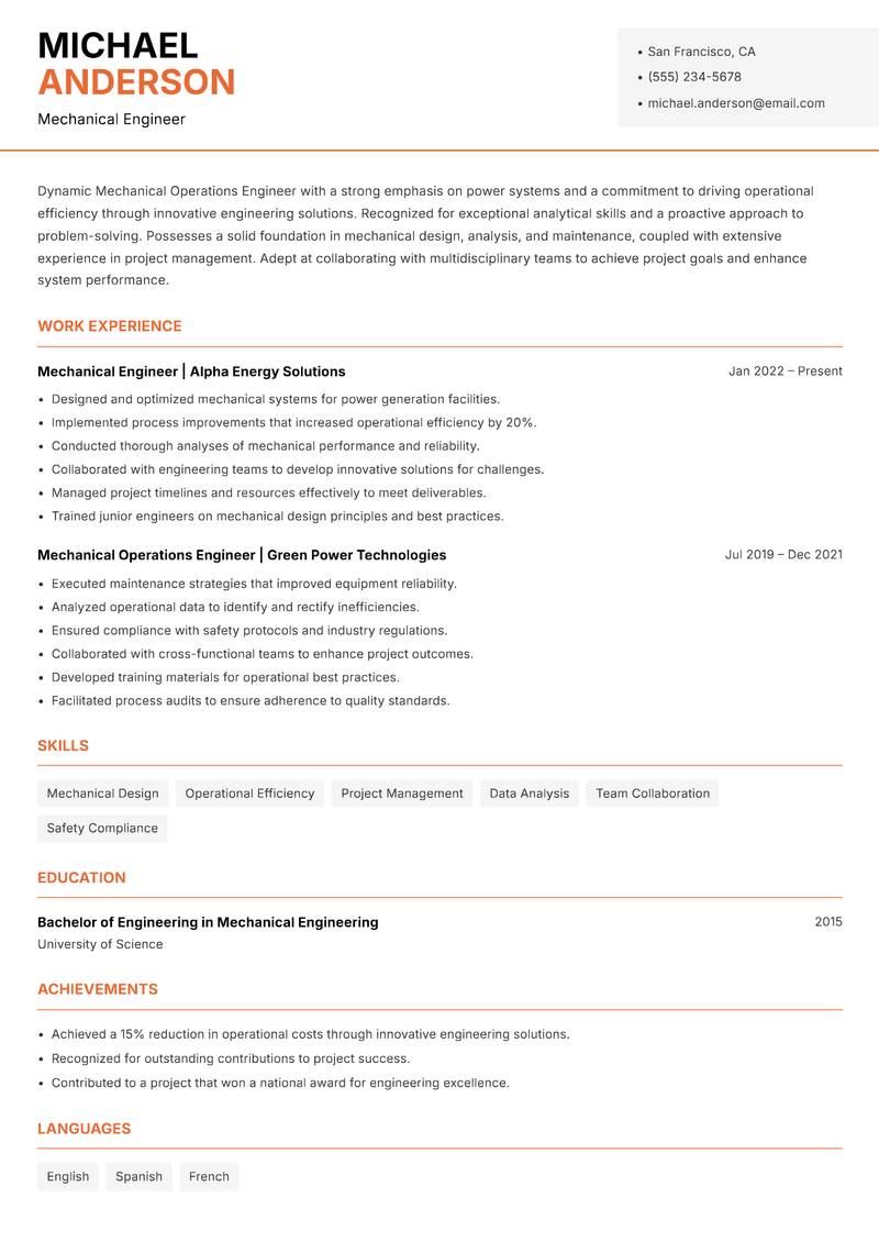 Mechanical Operations Engineer Power resume sample — Mechanical Engineer focus
