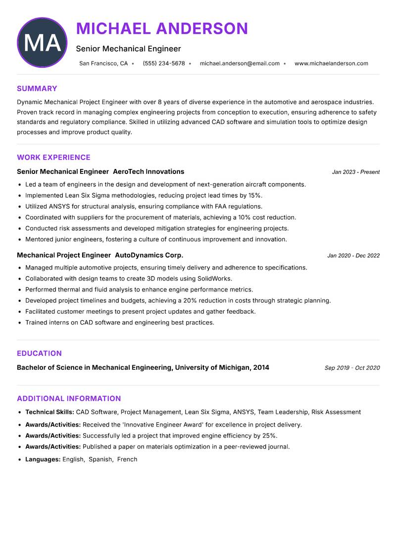 Mechanical Project Engineer resume example