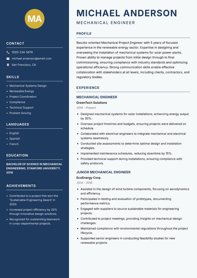 Mechanical Project Engineer resume sample — Mechanical Engineer focus