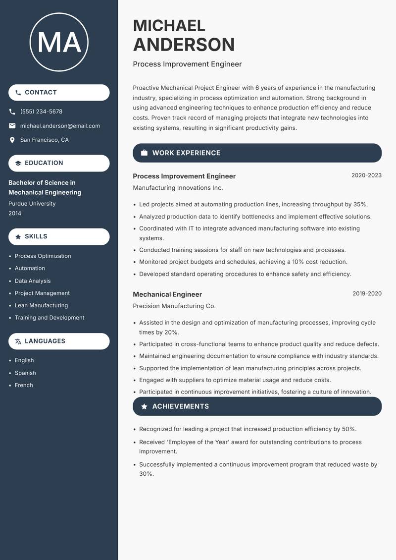 Mechanical Project Engineer resume sample — Process Improvement Engineer focus