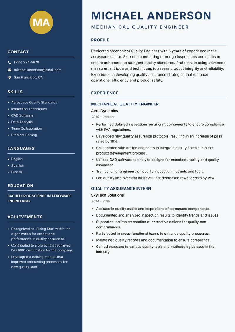 Mechanical Quality Engineer resume sample — Mechanical Quality Engineer focus