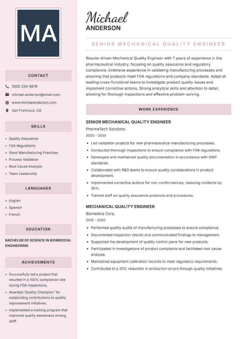 Mechanical Quality Engineer resume sample — Senior Mechanical Quality Engineer focus