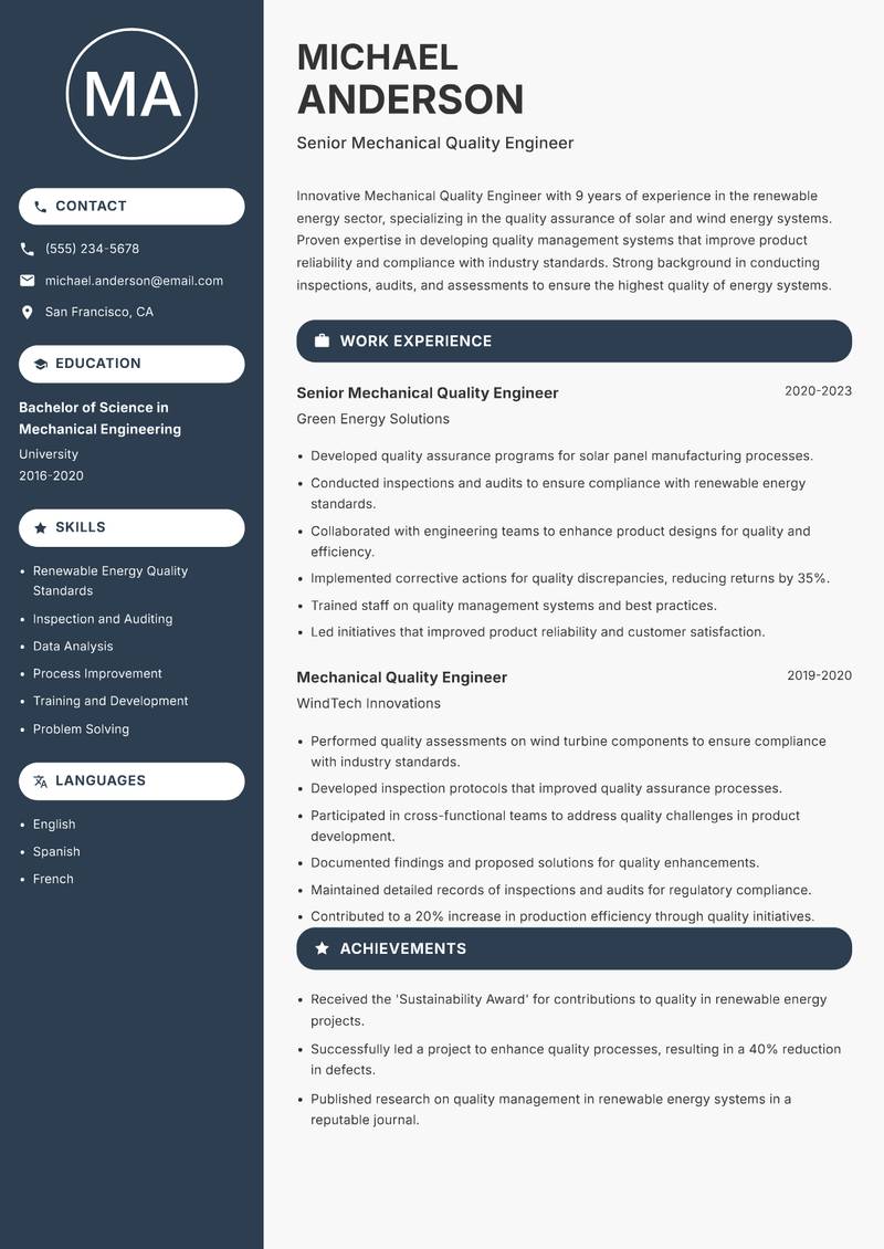 Mechanical Quality Engineer resume sample — Senior Mechanical Quality Engineer focus