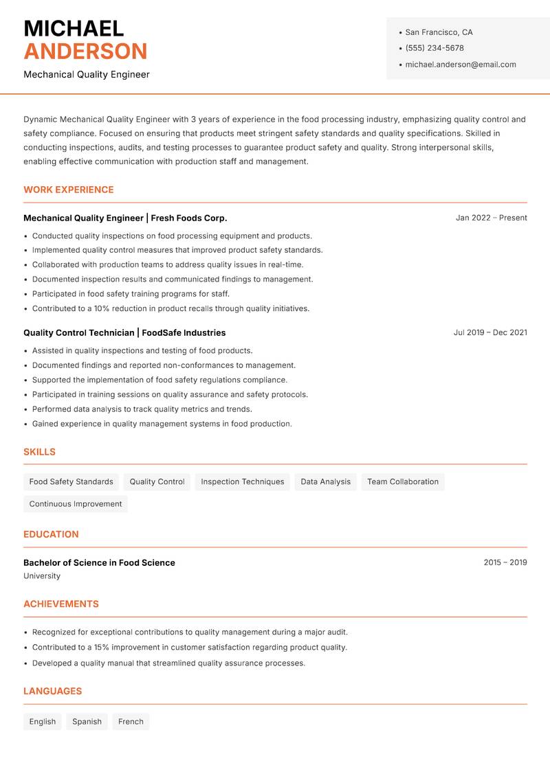 Mechanical Quality Engineer resume sample — Mechanical Quality Engineer focus