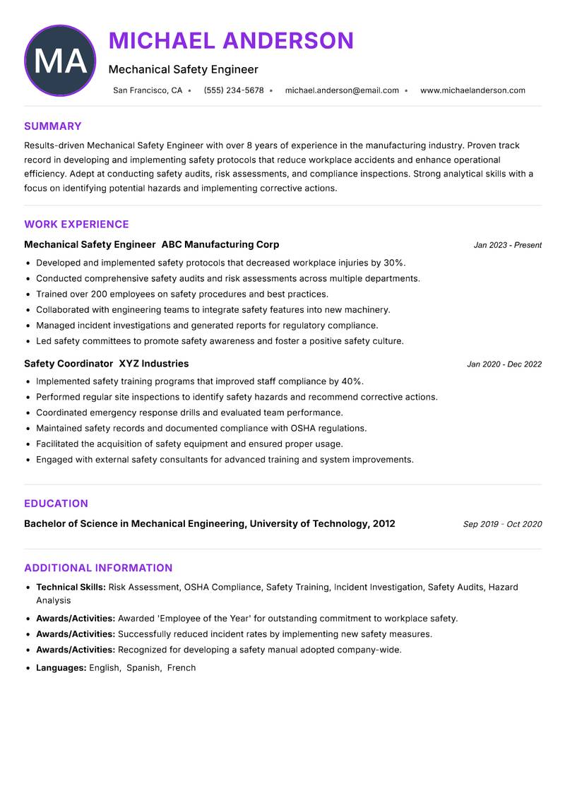 Mechanical Safety Engineer resume example