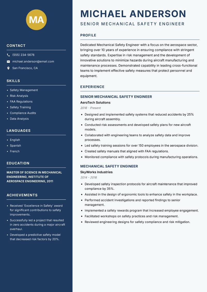 Mechanical Safety Engineer resume sample — Senior Mechanical Safety Engineer focus
