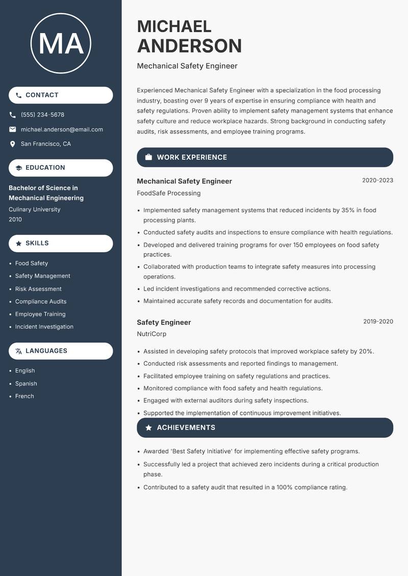Mechanical Safety Engineer resume sample — Mechanical Safety Engineer focus