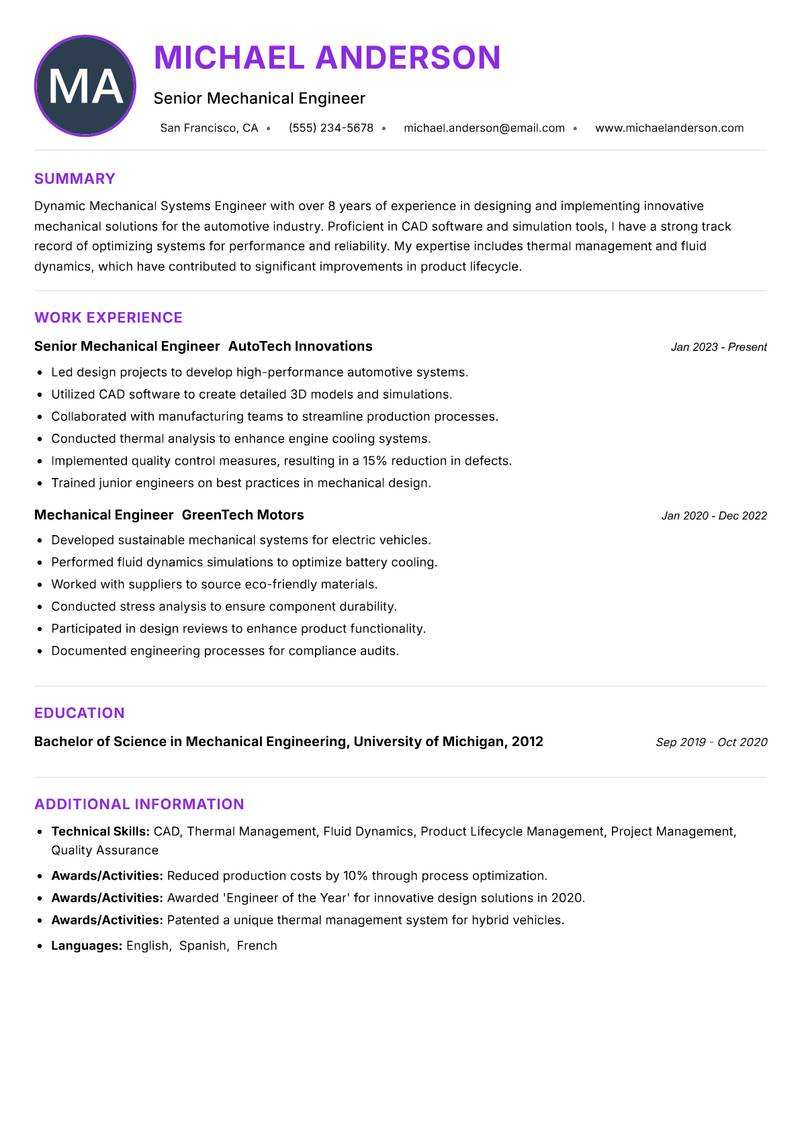 Mechanical Systems Engineer resume example
