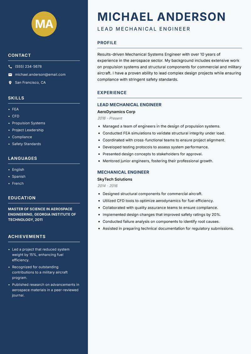 Mechanical Systems Engineer resume sample — Lead Mechanical Engineer focus