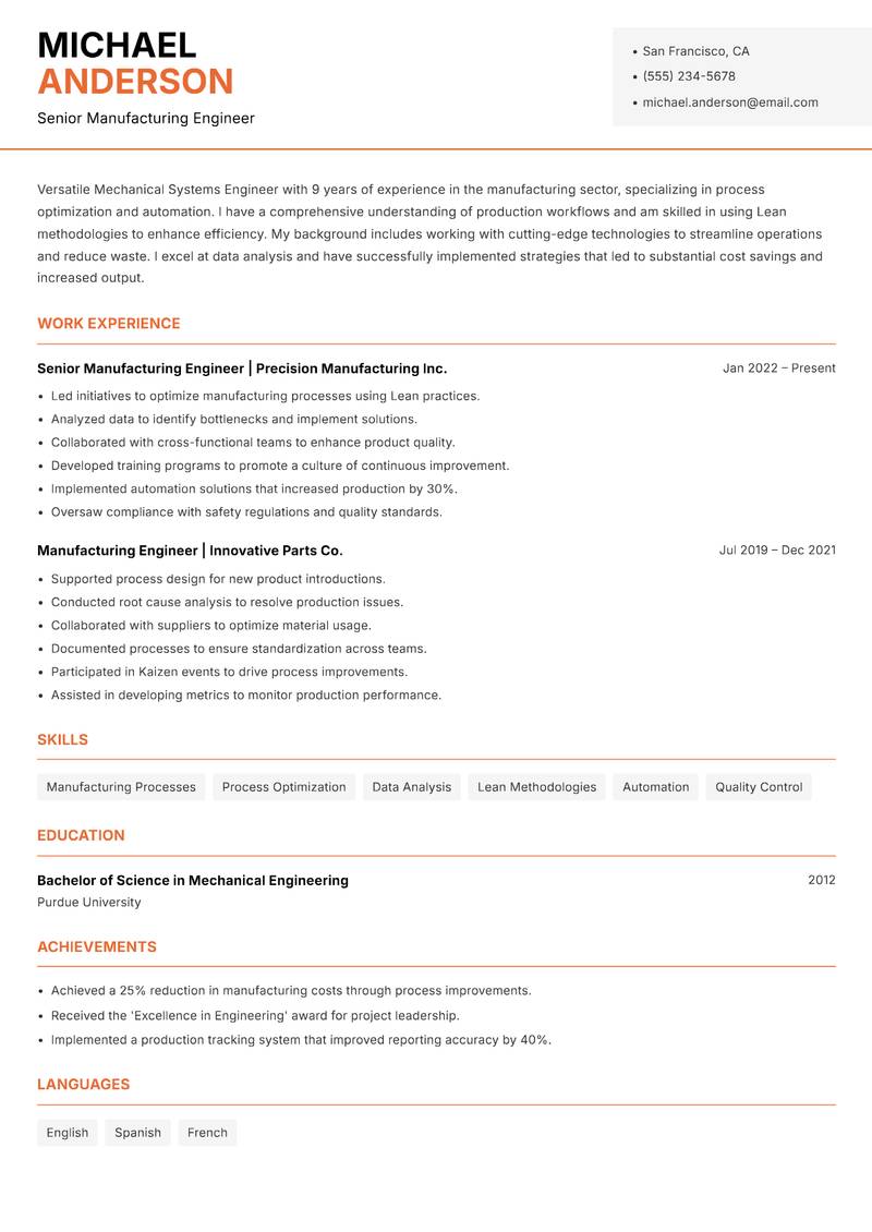 Mechanical Systems Engineer resume sample — Senior Manufacturing Engineer focus