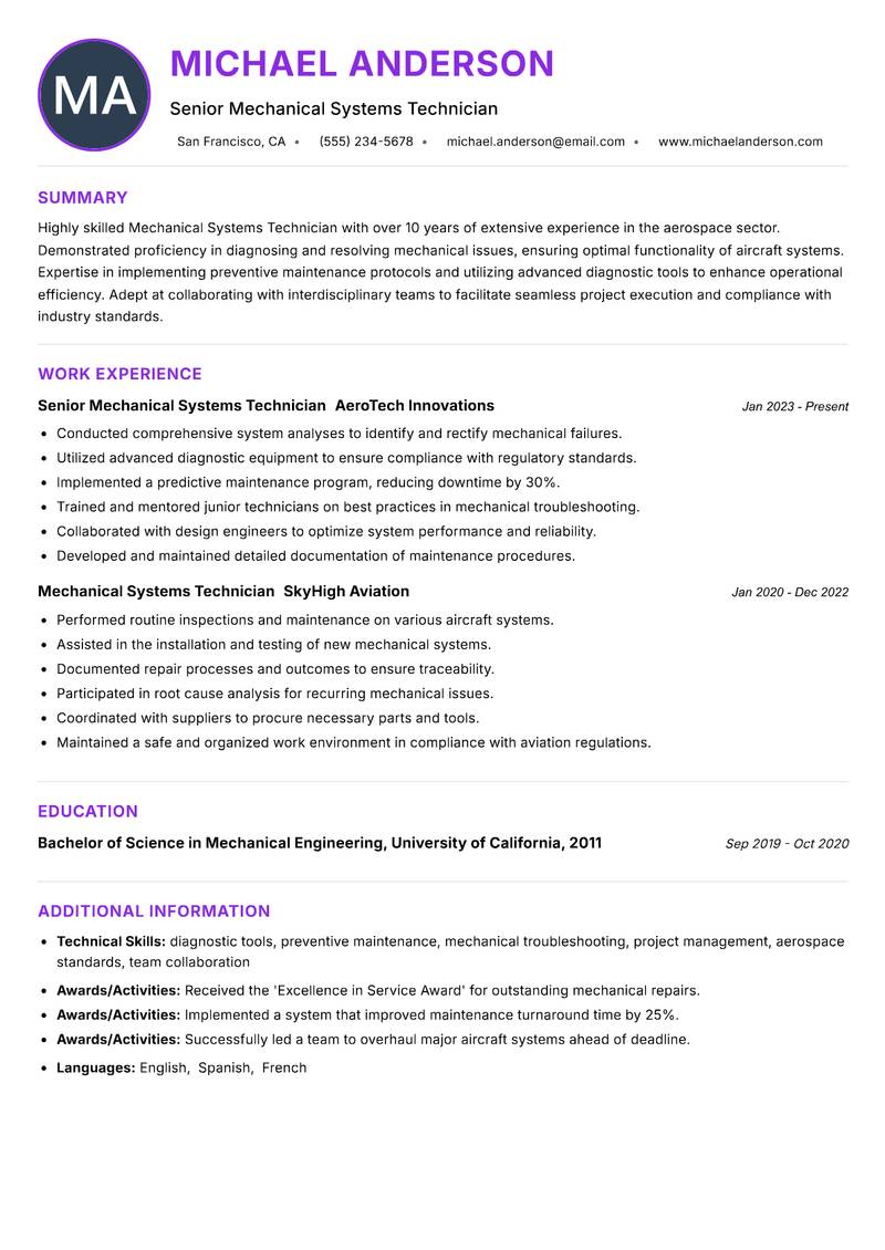 Mechanical Systems Technician resume example