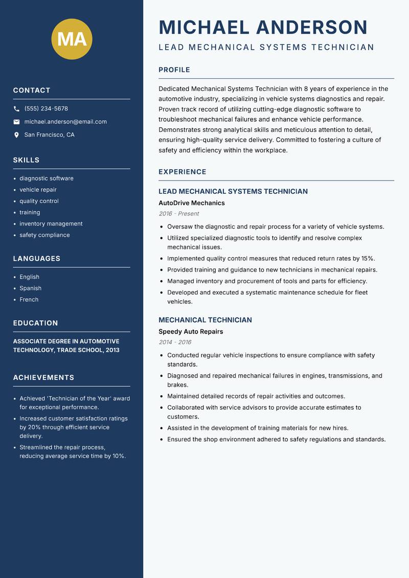 Mechanical Systems Technician resume sample — Lead Mechanical Systems Technician focus