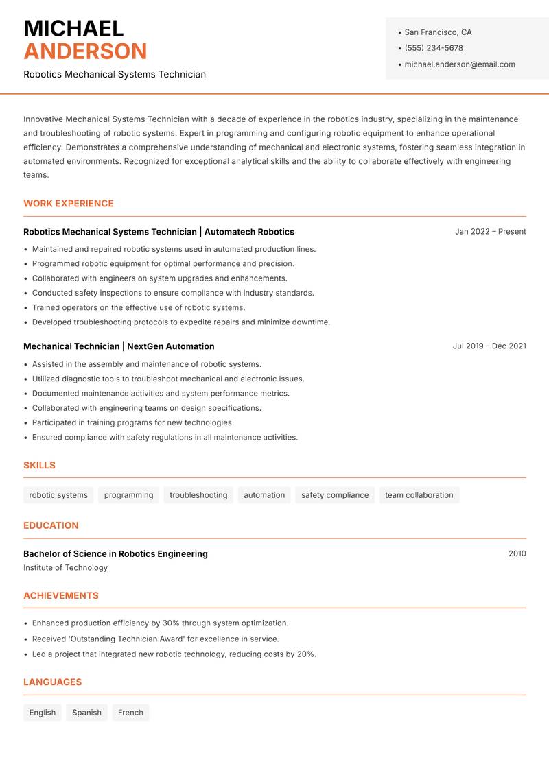 Mechanical Systems Technician resume sample — Robotics Mechanical Systems Technician focus