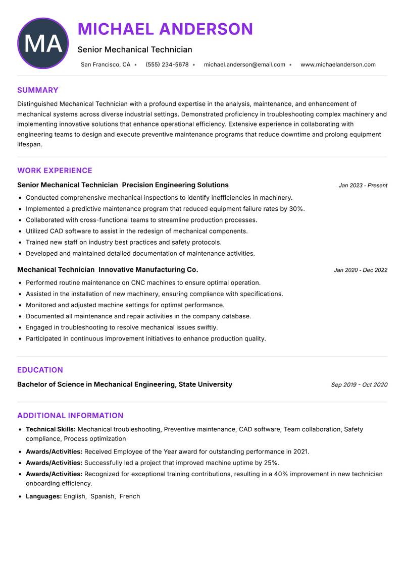 Mechanical Technician resume example