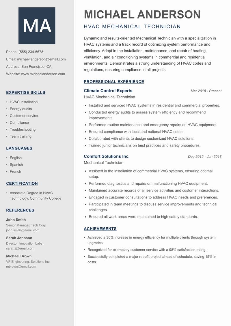 Mechanical Technician resume sample — HVAC Mechanical Technician focus