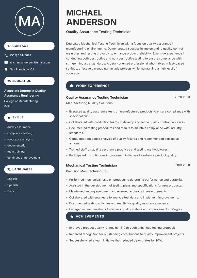 Mechanical Testing Technician resume sample — Quality Assurance Testing Technician focus
