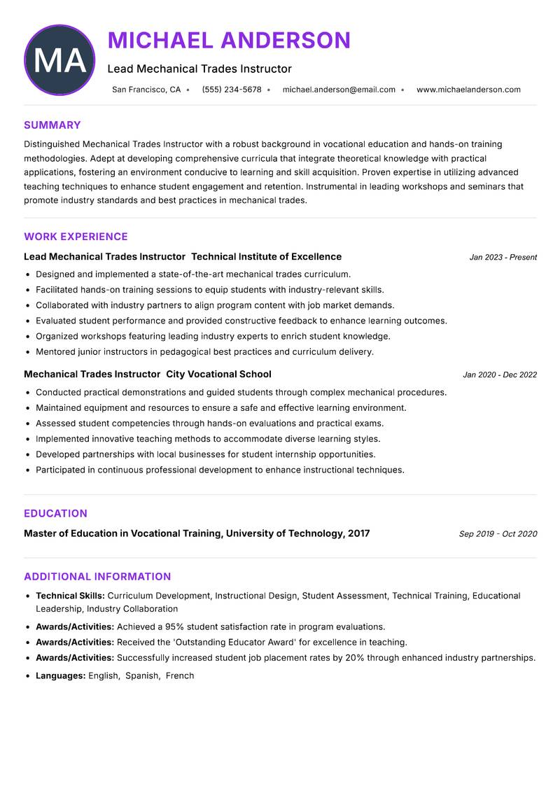 Mechanical Trades Instructor resume example